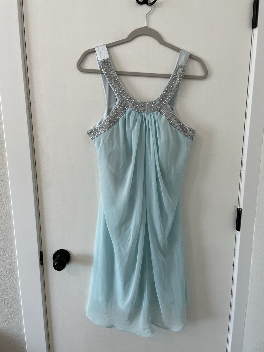Roz & Ali Light Blue Chiffon Halter Dress Beaded Rhinestone Neckline Sleeveless